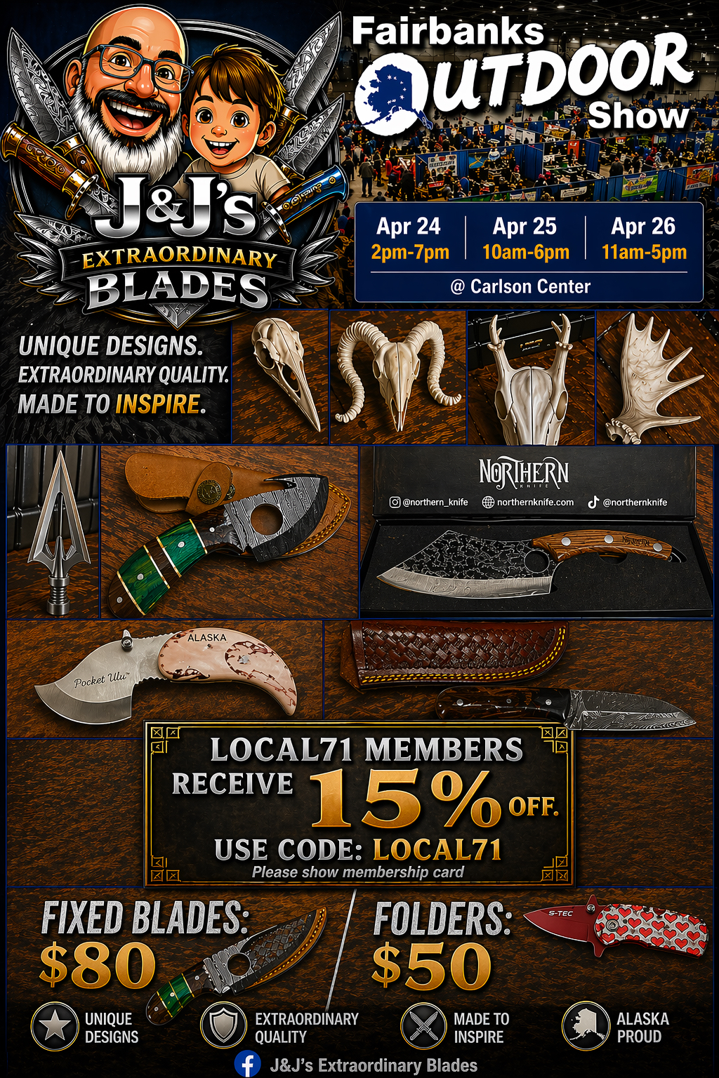 Advertisement poster for J&J's Extraordinary Blades at the Fairbanks Outdoor Show, featuring knife designs and skull motifs with event dates and Carlson Center venue details.