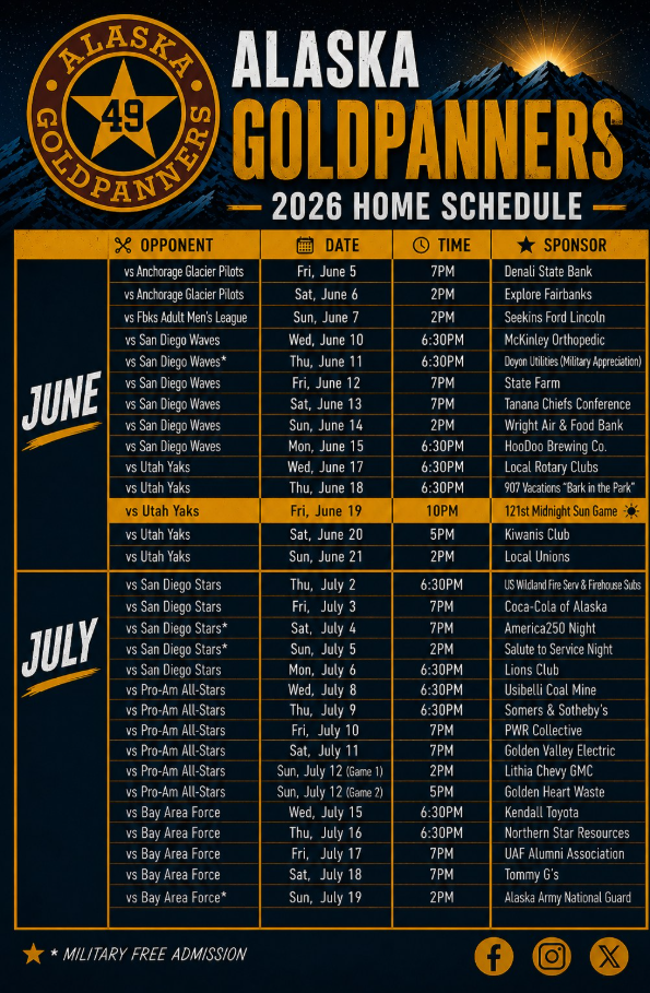 Goldpanners2026 - LIUNA Public Employees Local 71 Poster for Alaska Goldpanners 2026 home schedule featuring June–July games, opponent, date, time, and sponsor columns.
