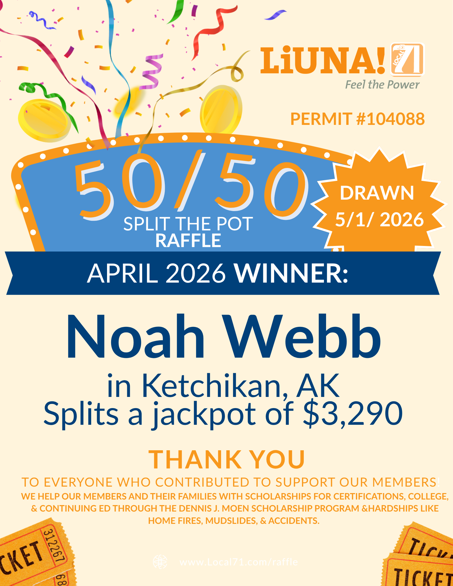 Celebratory raffle poster announcing a 50/50 split-the-pot raffle with confetti and ticket graphics.
