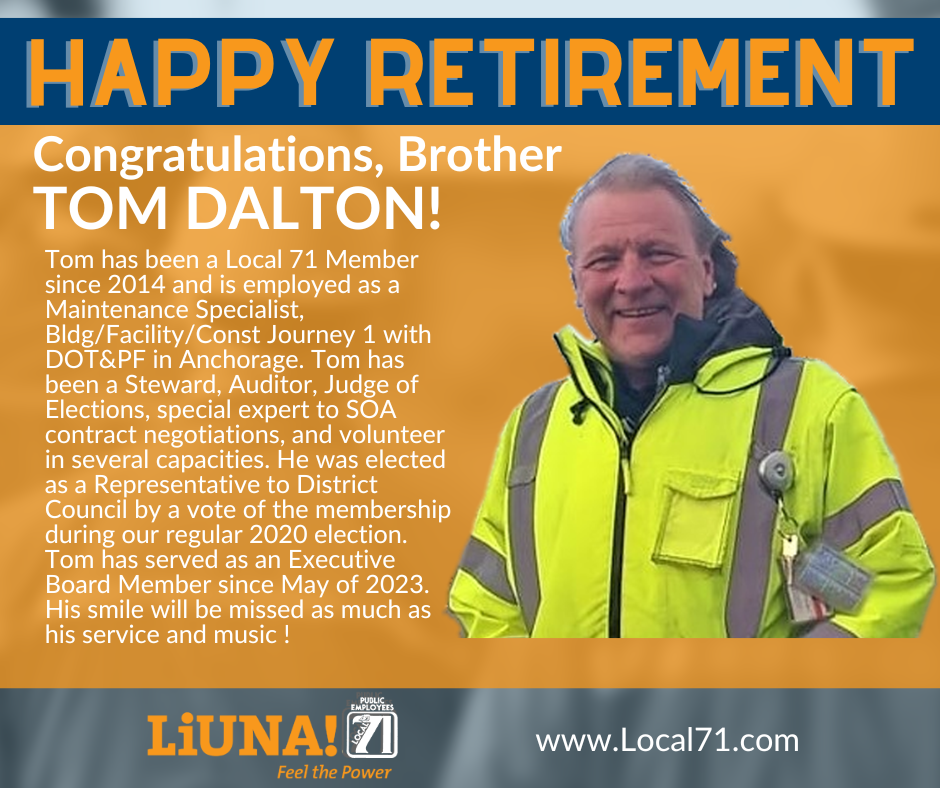 Celebration banner for Tom Dalton's retirement: a smiling man in a high-visibility jacket on an orange background with 'Happy Retirement' text and messages about his service.