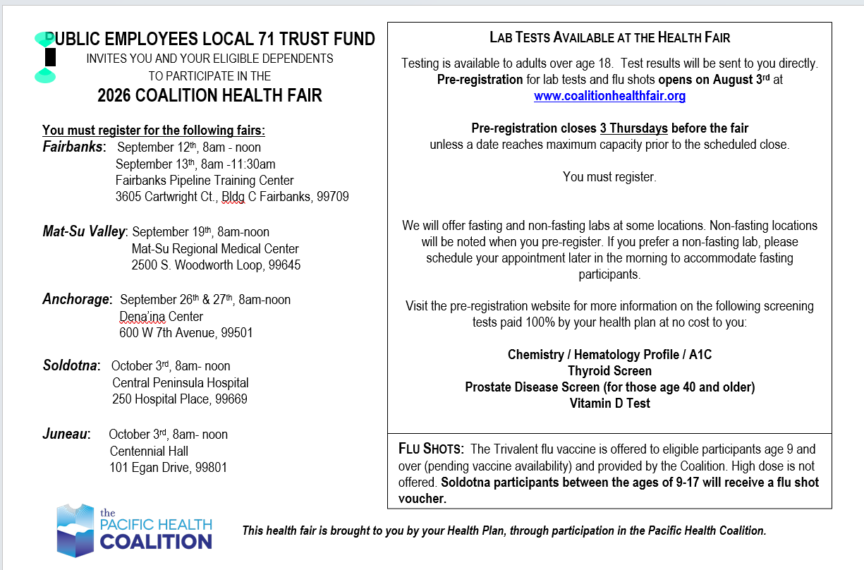 Flyer for 2026 Coalition Health Fair listing five cities (Fairbanks, Mat-Su Valley, Anchorage, Soldotna, Juneau) with dates and venues, and a right-hand panel about lab tests, preregistration deadlines, and available screenings. Includes Pacific Health Coalition logo at bottom.
