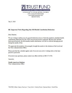 Formal letter on Trust Fund Zenith American Solutions letterhead dated July 8, 2026, about July 2026 health contribution deductions.