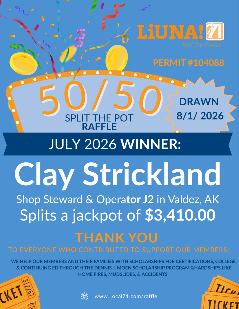 Poster announcing a 50/50 split the pot raffle with confetti and tickets, mentioning DRAWN 8/1/2026 and July 2026 winner.
