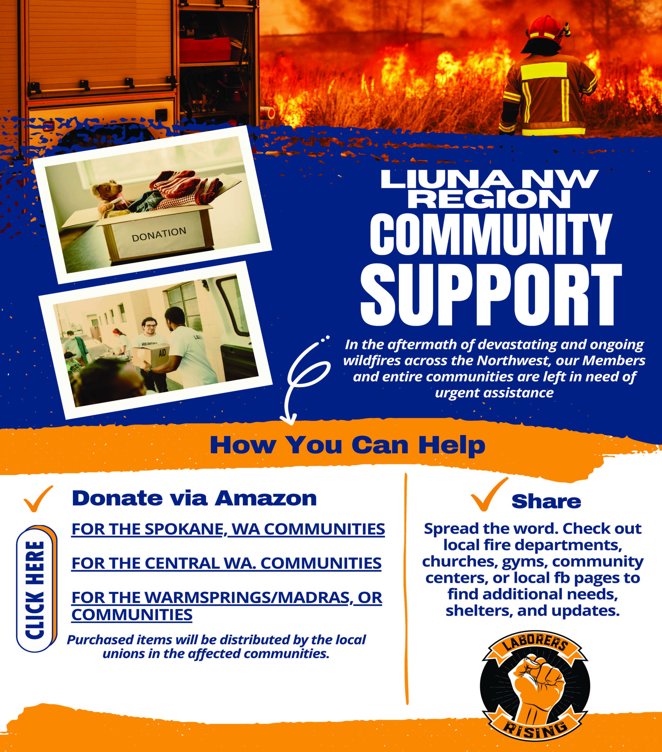Poster for LiUNA NW Region Community Support, showing a firefighter against a wildfire and donation-themed photos on the left side.