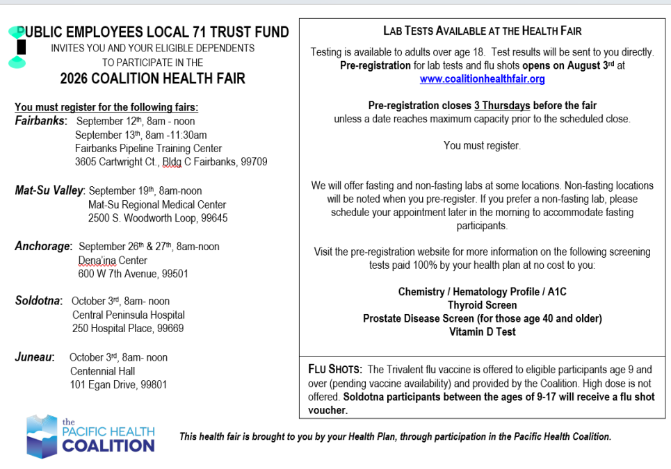 Flyer for 2026 Coalition Health Fair listing five cities (Fairbanks, Mat-Su Valley, Anchorage, Soldotna, Juneau) with dates and venues, and a right-hand panel about lab tests, preregistration deadlines, and available screenings. Includes Pacific Health Coalition logo at bottom.