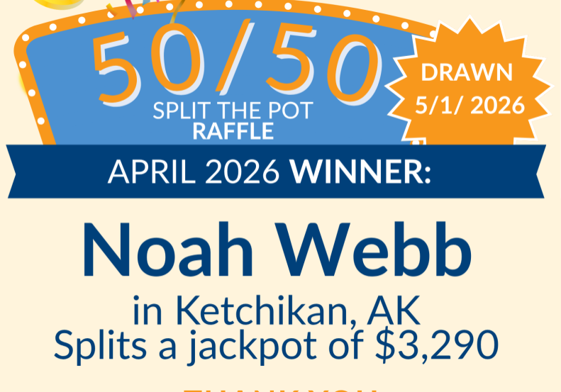 Celebratory raffle poster announcing a 50/50 split-the-pot raffle with confetti and ticket graphics.