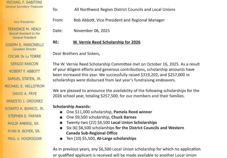 Memo - W Vernie Reed Scholarship 2026