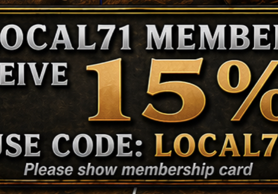 Banner announcing Local71 members receive 15% off with code LOCAL71; membership card required for discount.